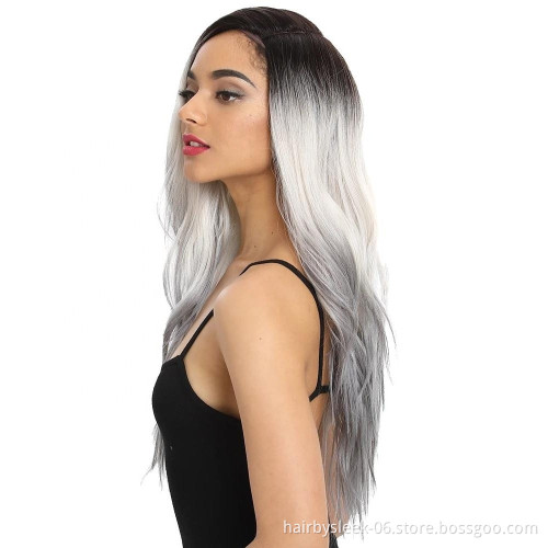 28 inches long curly silk base classic full quality 13x6 colored bangs lace front heat resistant synthetic hair wigs for women
